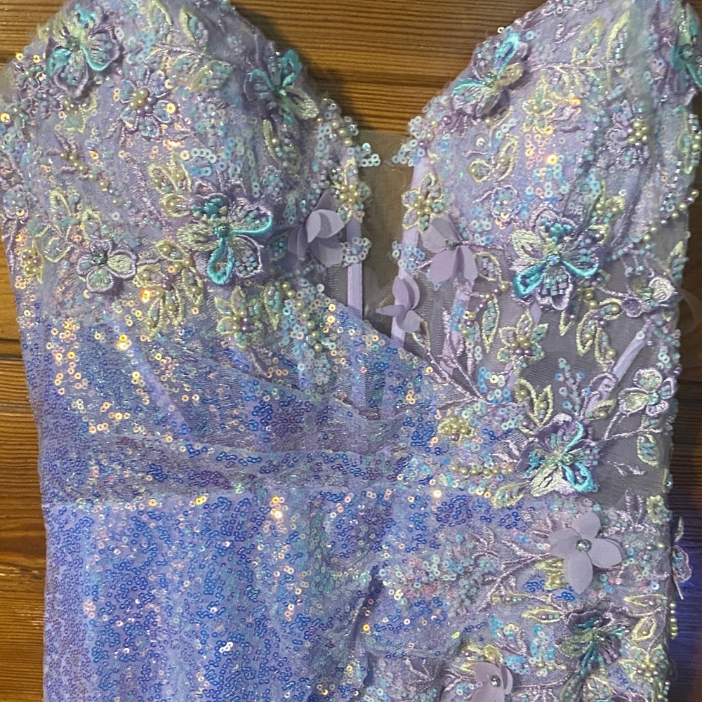 Iridescent Sequin prom dress with Floral Details - Picture 4 of 4
